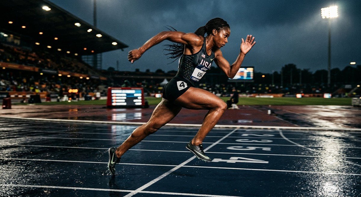 A professional runner sprinting on a dark, wet athletics track under moody stadium lights, capturing the intensity and power of their stride in high-speed motion blur.