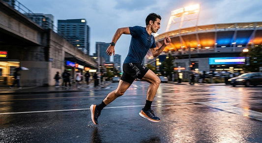 A professional action shot of a runner wearing Salomon Aero Glide 5 shoes, sprinting along a slick urban road at dusk with dramatic stadium lighting and high-speed motion blur.
