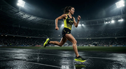 A runner wearing the ASICS Superblast 3 running fast on a wet road with dramatic stadium lighting