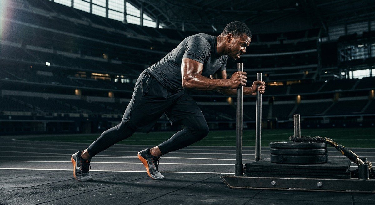 A professional athlete wearing training shoes performing a high-intensity sled push in a dimly lit, cinematic indoor stadium setting with dramatic rim lighting.