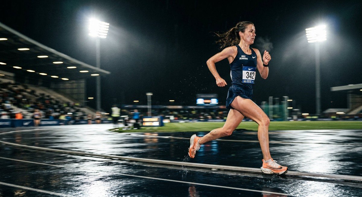 A professional marathon runner in a focused mid-stride pose on a rain-slicked track under dramatic cinematic stadium floodlights with motion blur.