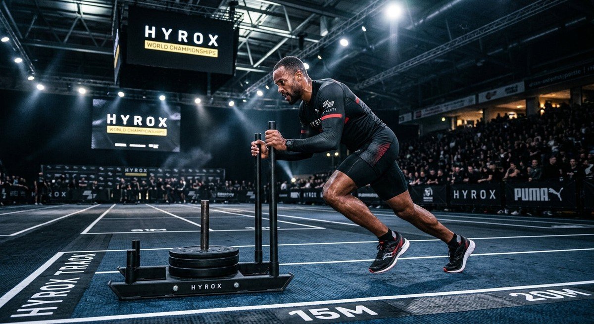 A professional athlete in sharp focus performing a high-intensity sled push on a Hyrox track with cinematic stadium lighting.