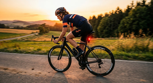 A professional cyclist riding on a rural road at sunset with the Garmin Varia RTL515 mounted to the seat post, captured with high-speed cinematic motion blur.