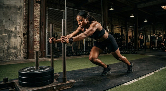 A professional athlete wearing a high-end GPS watch while performing a high-intensity sled push in a dimly lit, industrial-style gym setting.