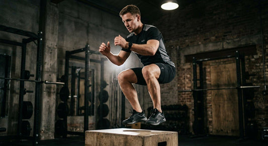 A professional action shot of a male athlete performing an explosive box jump wearing sleek R.A.D. R-1 trainers in a high-contrast, moody gym setting.