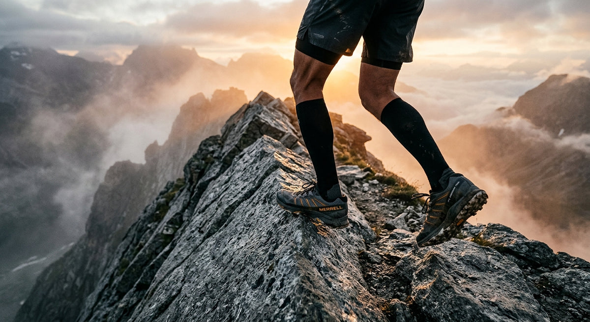 A close-up of a runner's feet wearing Merrell MTL Speedarc Peak shoes on a jagged, grey granite mountain ridge during a misty sunrise.