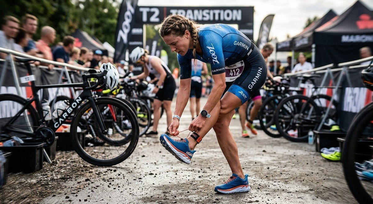 Professional high-speed action shot of a triathlete rapidly slipping on running shoes with elastic laces in a transition zone.