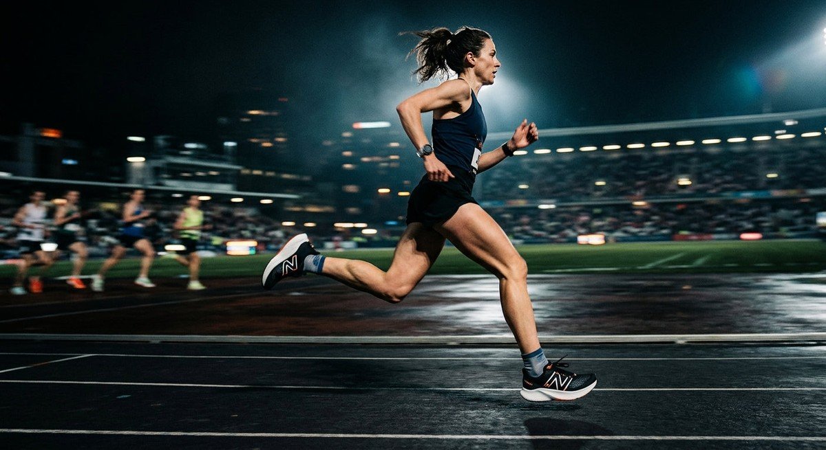 A sleek side profile of the New Balance FuelCell SC Trainer v5 captured in a high-speed motion blur against a dark, cinematic stadium backdrop.