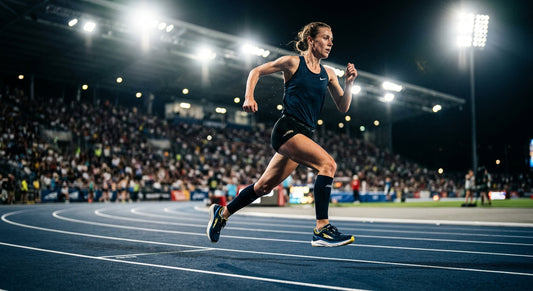 High-speed cinematic action shot of a runner wearing Altra Paradigm 9 shoes on a professional track under dramatic stadium floodlights.