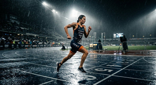 A professional triathlete in a blurred motion sprint on a dark, rainy track under dramatic stadium floodlights.