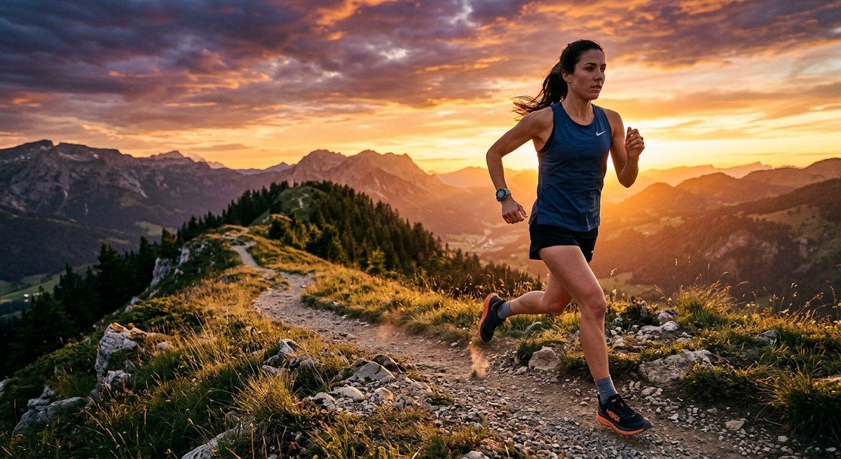 A professional runner wearing a Coros Pace 4 watch on their wrist during a dramatic sunset trail run
