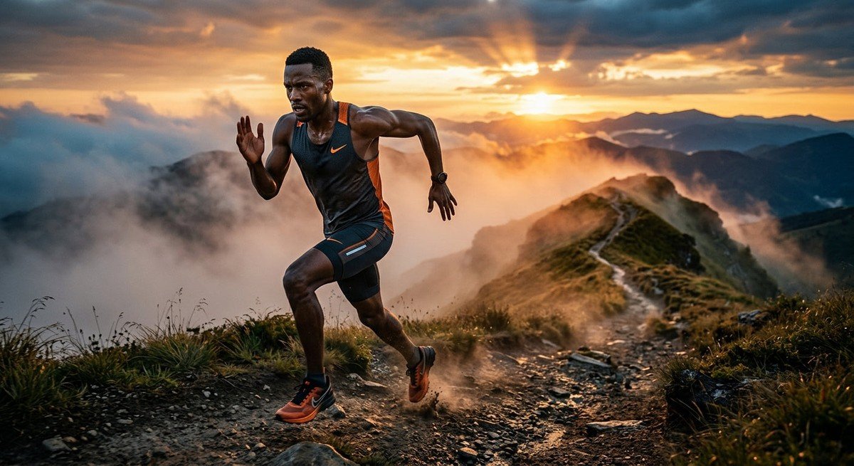 A professional runner sprinting up a steep, misty hill during a dramatic sunset, showcasing intense focus and athletic power with cinematic lighting.