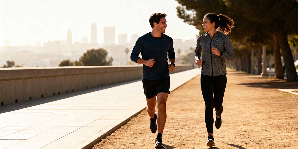 Two runners jogging together outdoors while conversing, demonstrating the 'talk test' technique used to maintain Zone 2 aerobic intensity.