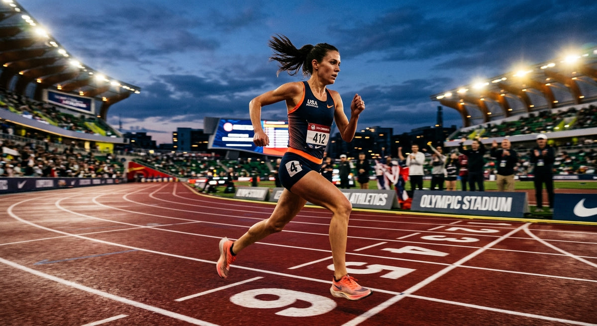 A professional endurance runner sprinting on a track at dusk with dramatic stadium lighting and motion blur.