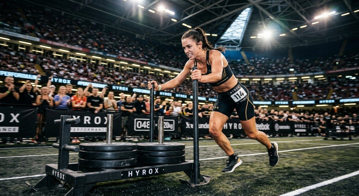 A professional athlete in a dramatic stadium setting pushing a heavy metal Hyrox sled with intense focus and motion blur