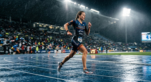 A professional triathlete running at speed in a rainy stadium, captured with motion blur and cinematic lighting.