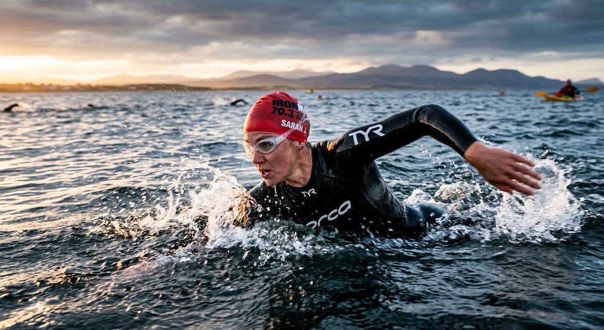 Professional triathlete wearing a high-end black wetsuit during an open water swim, captured with cinematic motion blur and dramatic morning light.
