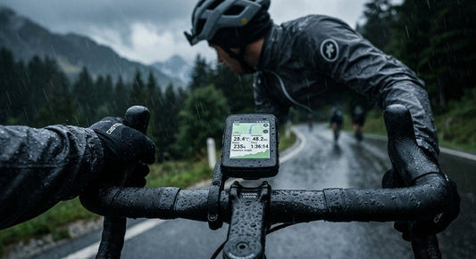 Professional close-up of a Hammerhead Karoo 3 mounted on a carbon fibre road bike cockpit during a rainy ride, moody cinematic lighting.