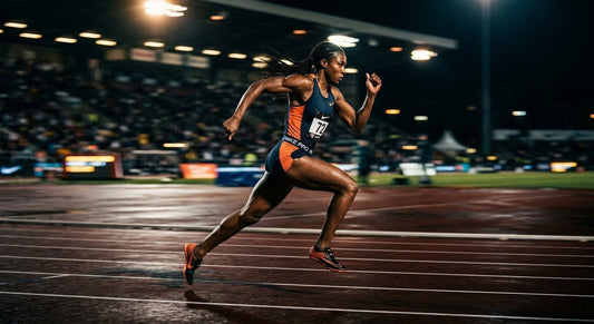 A professional athlete sprinting on a dark track with high-speed motion blur and cinematic stadium lighting.