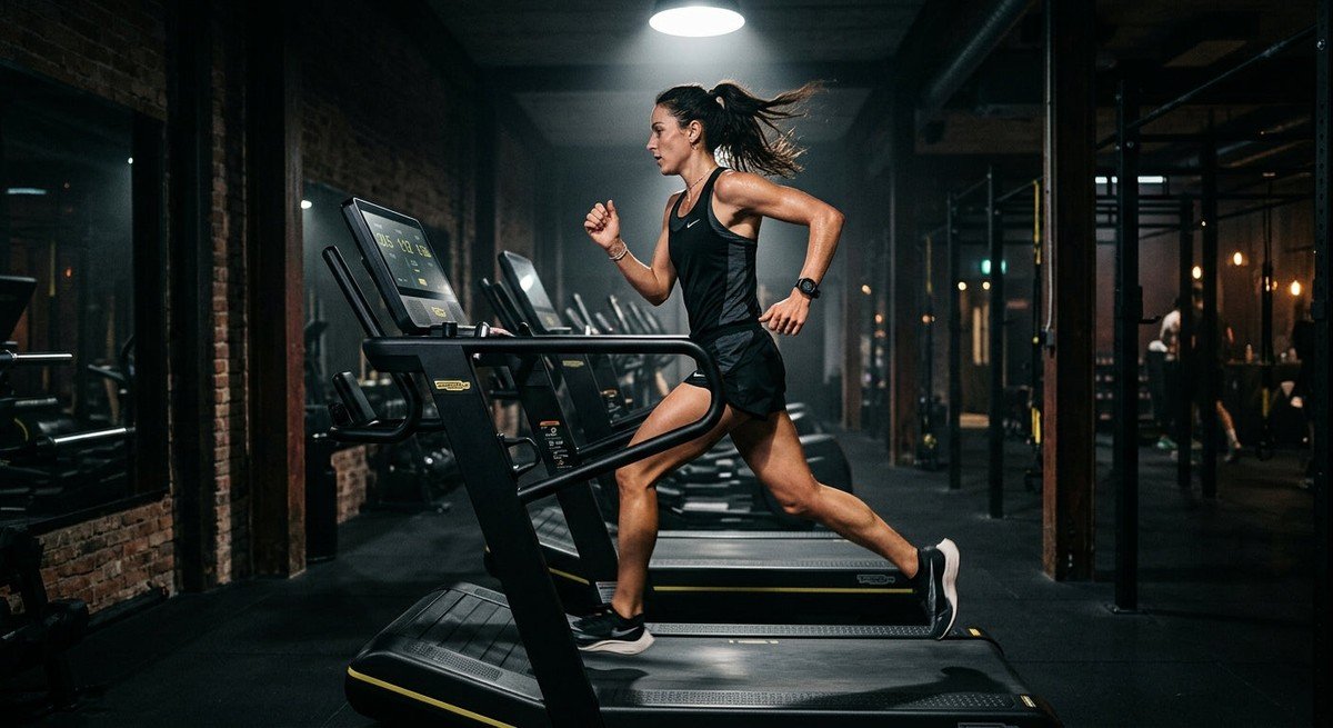A professional runner sprinting on a high-end treadmill in a dark, atmospheric gym with dramatic spotlighting.