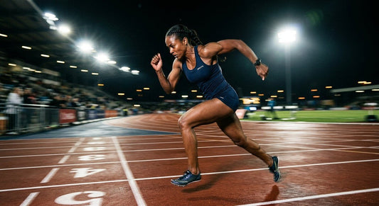 Professional high-speed athletic action photography of a runner sprinting on a track under dramatic stadium lighting with motion blur.