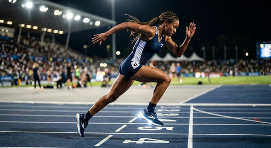 High-speed action shot of a professional runner wearing the Brooks Glycerin Flex on a track with stadium lights reflecting off the midsole