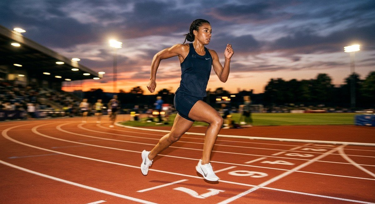 Professional athlete running on a track at dusk with cinematic lighting and motion blur