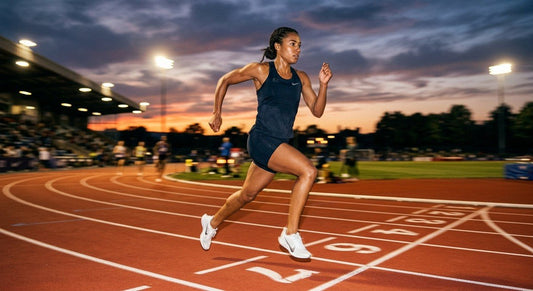 Professional athlete running on a track at dusk with cinematic lighting and motion blur