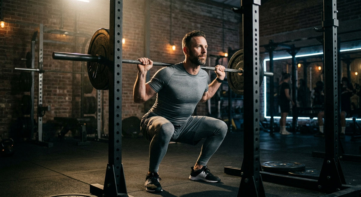 A male master athlete in his 40s performing a heavy barbell squat with perfect form in a moody, dimly lit gym, cinematic lighting highlighting muscle definition.