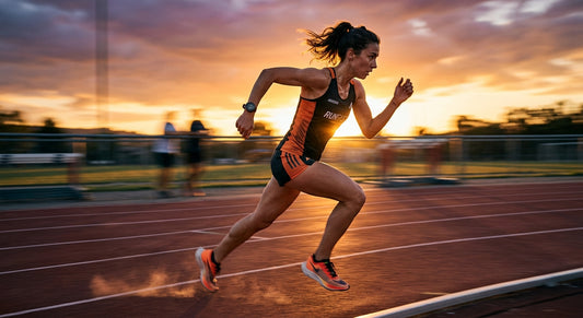 A professional runner using a heart rate monitor watch during a sunset sprint with motion blur effect.