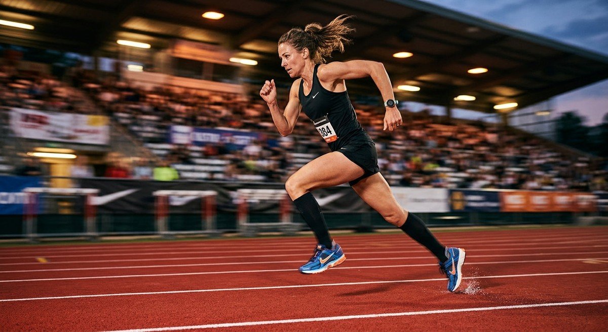 A professional high-speed action shot of a runner wearing Nike Vomero Plus shoes on a track with cinematic stadium lighting and dramatic motion blur.