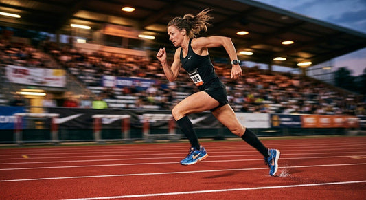 A professional high-speed action shot of a runner wearing Nike Vomero Plus shoes on a track with cinematic stadium lighting and dramatic motion blur.