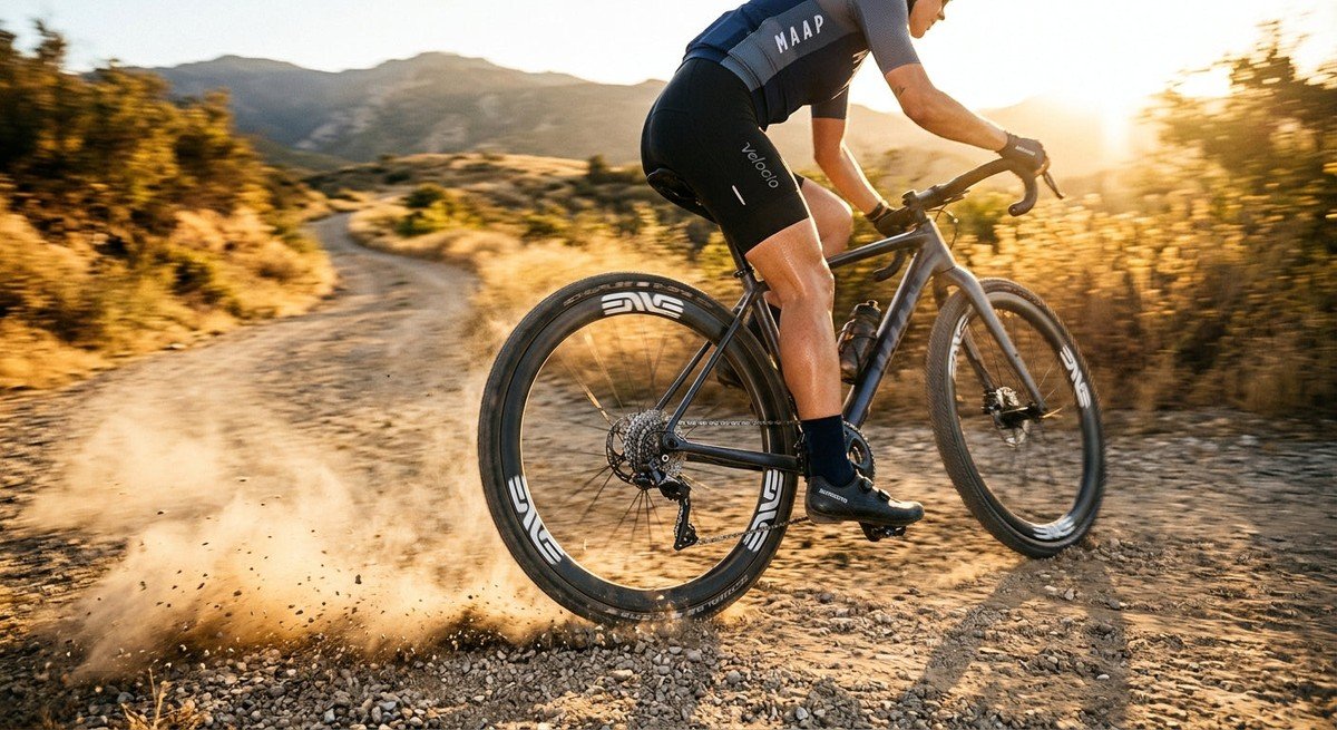 Close-up action shot of Enve G SES gravel wheels spinning on a dusty, sun-drenched trail with dramatic motion blur.