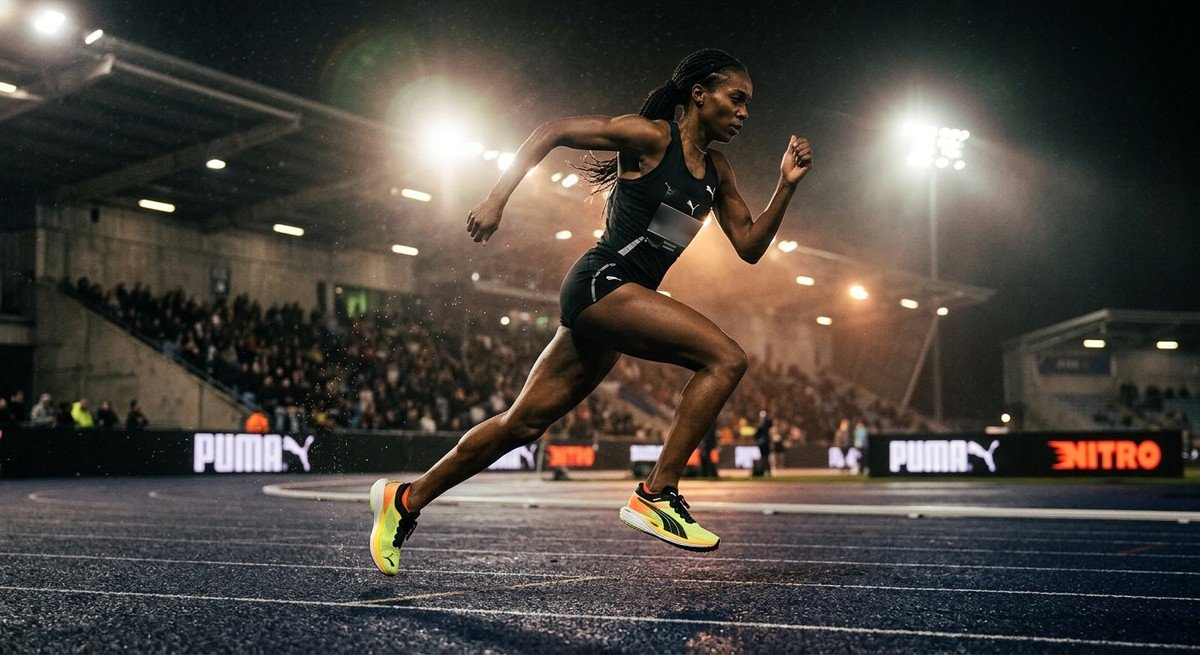 A professional, high-speed action shot of the Puma Deviate Nitro Elite 4 in a moody, cinematic stadium environment.