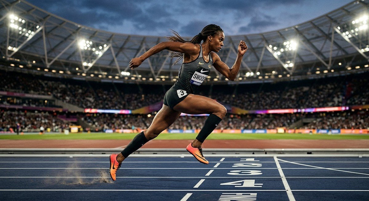 High-speed athletic action shot of a runner in a stadium, demonstrating high-performance movement.