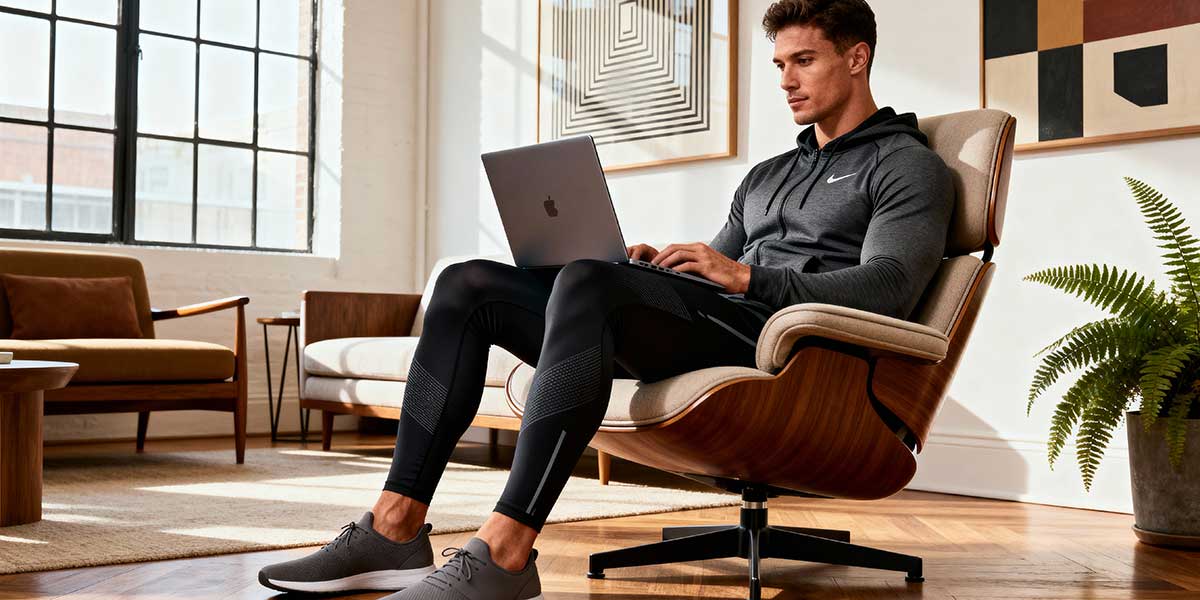 A full length photo of a fit male athlete wearing sportswear sitting in a modern armchair working on a laptop, illustrating the concept of a sedentary active lifestyle.