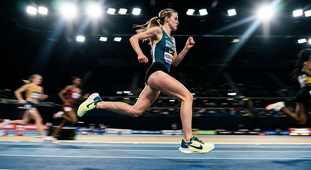 A side-profile shot of the Nike Pegasus 42 Keely Hodgkinson edition featuring a sleek, aerodynamic silhouette with high-contrast stadium lighting and motion blur.