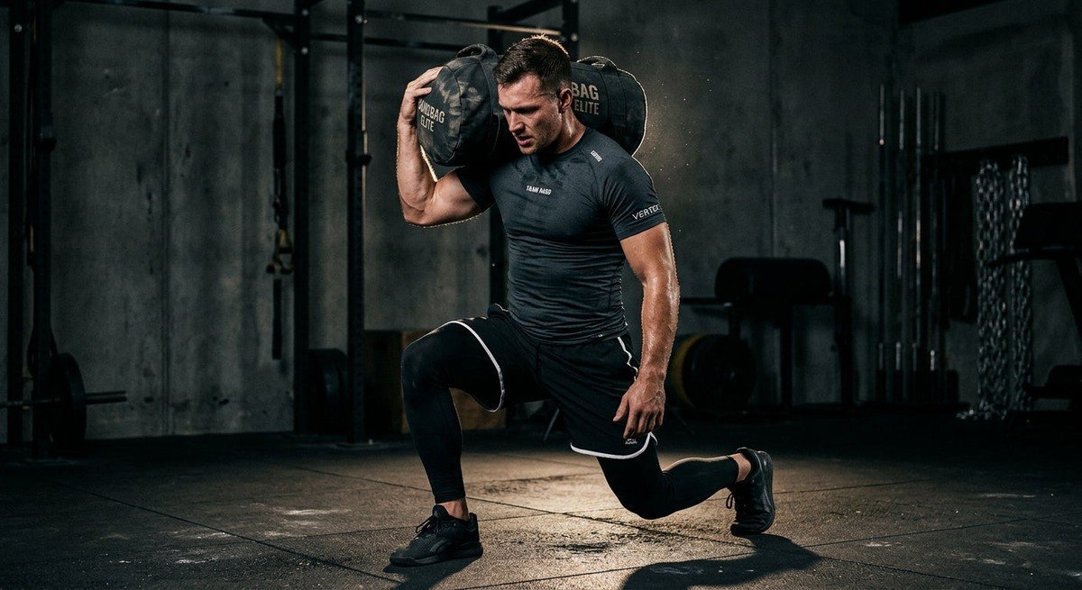 Athlete performing a heavy sandbag lunge in a dark gym with cinematic lighting