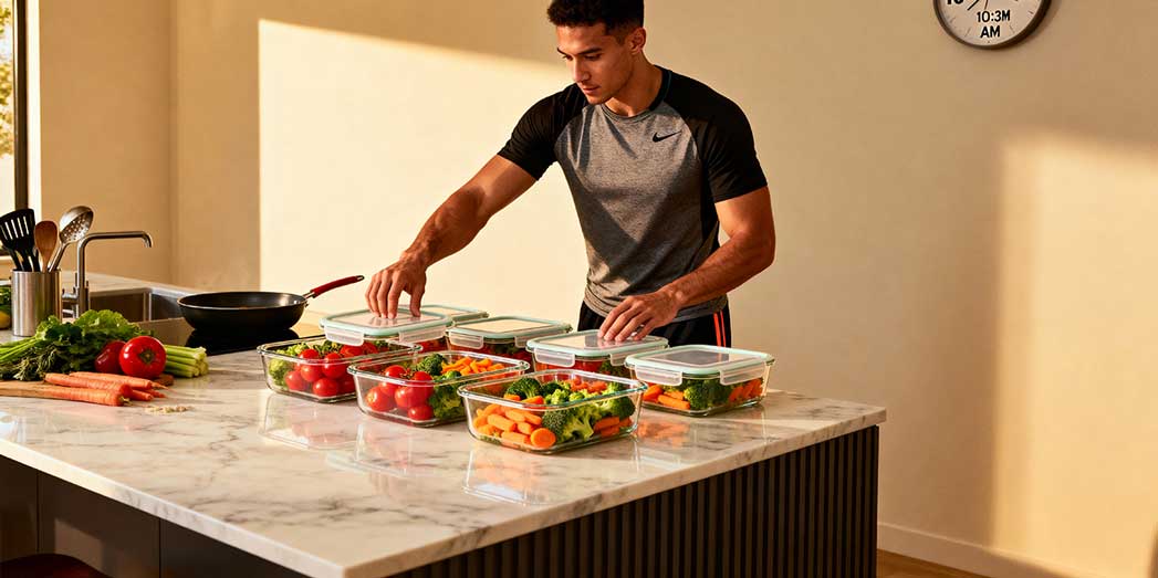 A full length photo of a fit athlete standing in a sunlit kitchen with fresh produce, representing a healthy and organised lifestyle.