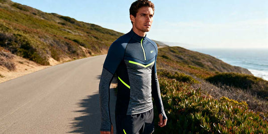 A full length photo of a male athlete in charcoal leggings and a running jacket standing on a scenic coastal road looking towards the horizon.