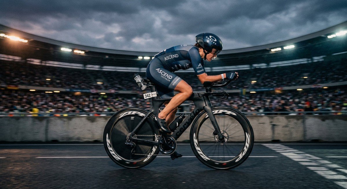 A professional triathlete in a full aero tuck on a carbon time-trial bike, captured with high-speed motion blur against a dramatic, moody stadium background.