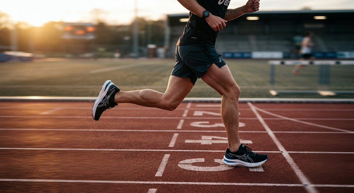 A sleek, professional side profile of the ASICS Nimbus 28 on a track, featuring sharp lighting and dramatic motion blur.