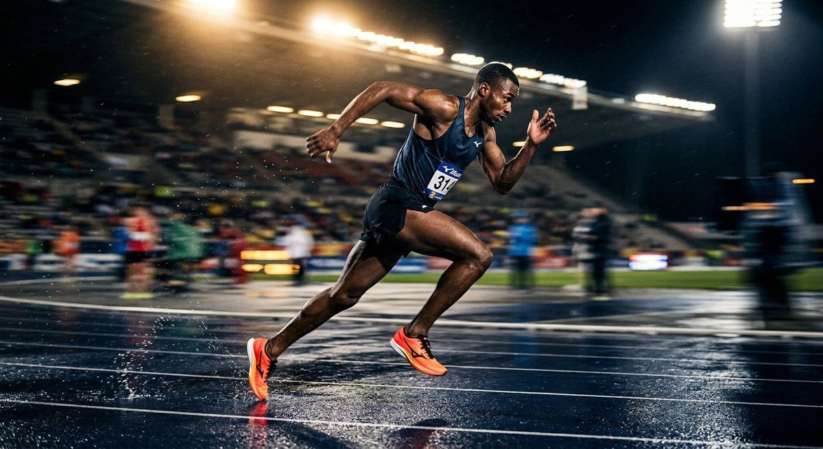 A professional high-speed action shot of the Mizuno Hyperwarp runner sprinting on a dark, wet stadium track with motion blur and cinematic stadium spotlights.