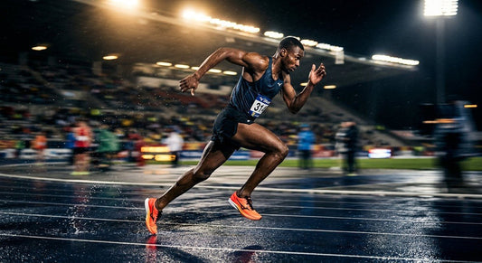 A professional high-speed action shot of the Mizuno Hyperwarp runner sprinting on a dark, wet stadium track with motion blur and cinematic stadium spotlights.