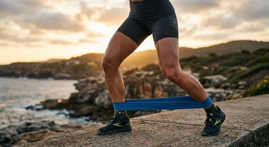 A close-up of an athlete's legs performing lateral band walks with dramatic cinematic lighting and sharp focus on the resistance band tension.