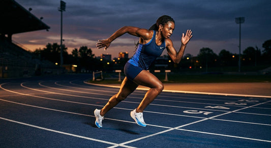 Professional athlete performing a high-intensity interval sprint on a synthetic running track at dusk with cinematic lighting.