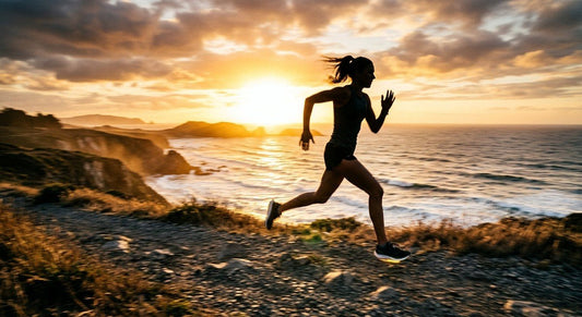 A silhouette of a runner sprinting along a sun-drenched coastal path with dramatic cinematic lighting and high-speed motion blur.