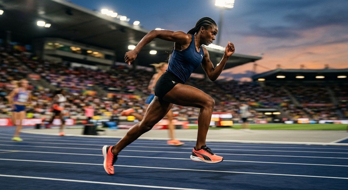 High-speed action shot of the Puma Velocity Nitro 4 in a stadium setting with motion blur on the track.