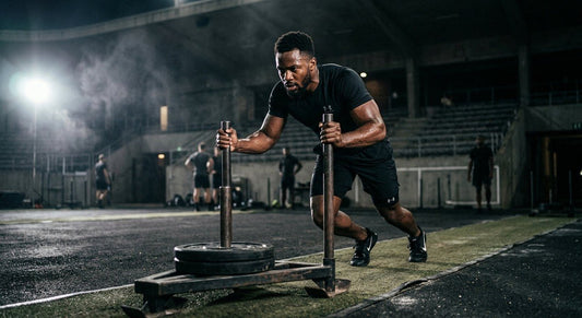 A professional athlete in sharp focus performing a high-intensity sled push in a dimly lit, moody stadium environment with dramatic cinematic lighting.