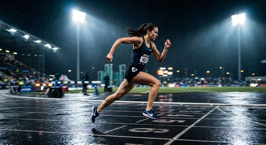 A professional runner sprinting on a dark, wet track at night under dramatic stadium floodlights with motion blur.